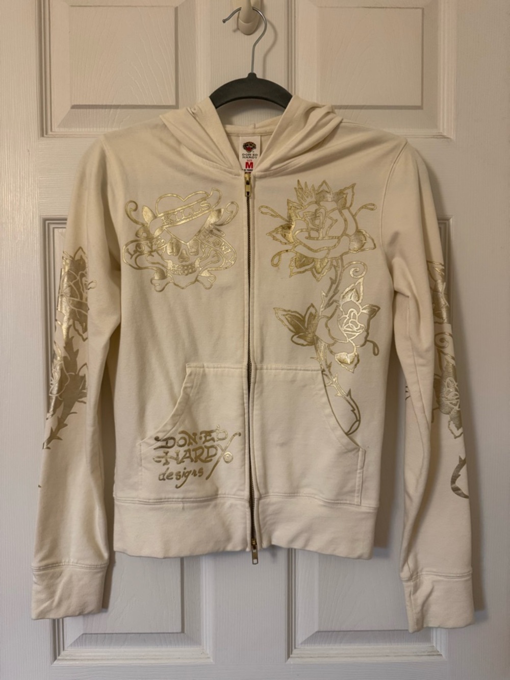 Ed Hardy Cream Zip Hoodie with Gold Tattoo Graphics